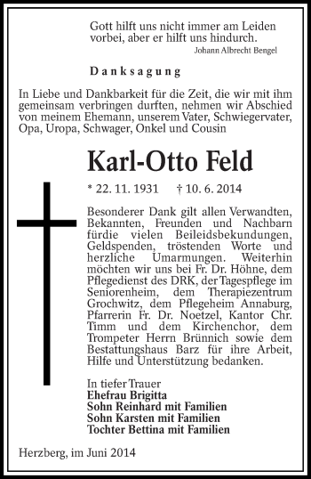 Traueranzeige von Karl-Otto Feld von lausitzer_rundschau