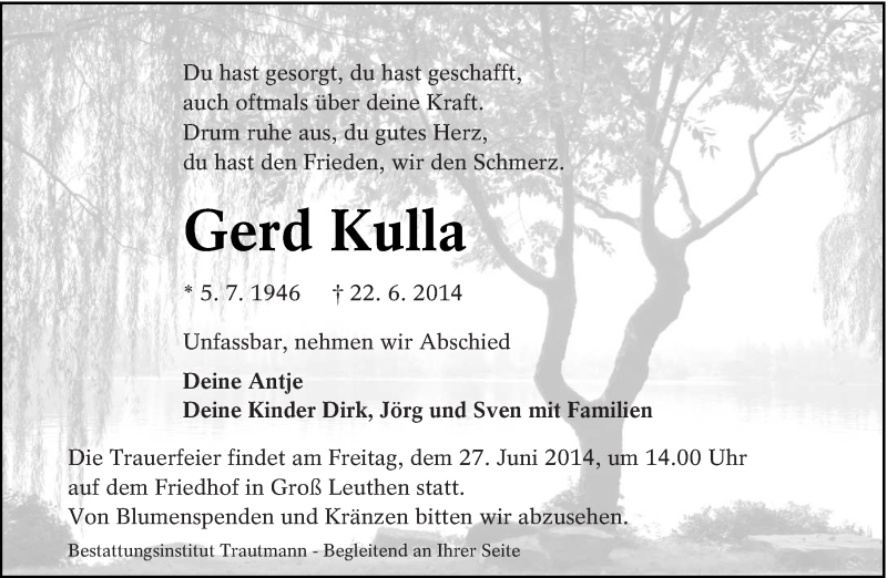  Traueranzeige für Gerd Kulla vom 25.06.2014 aus lausitzer_rundschau