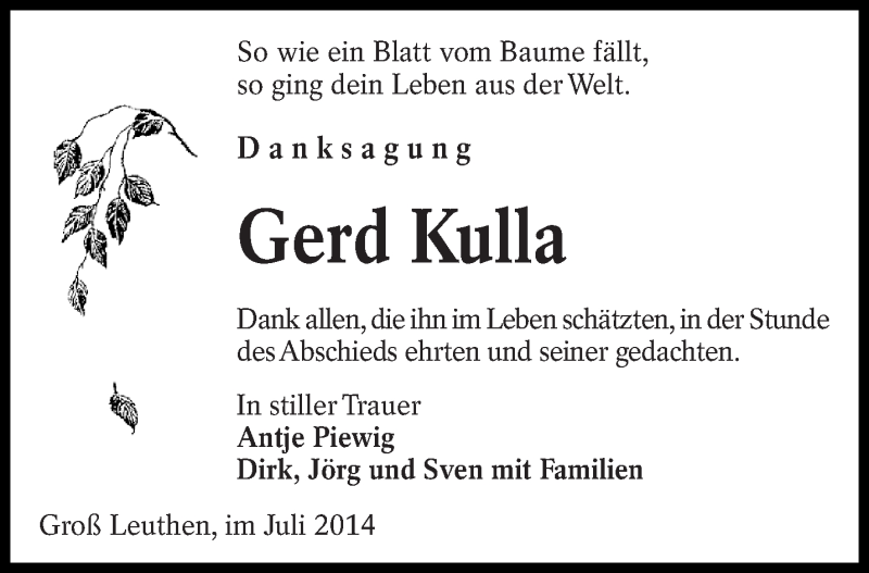  Traueranzeige für Gerd Kulla vom 05.07.2014 aus lausitzer_rundschau