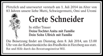 Traueranzeige von Grete Schneider von lausitzer_rundschau