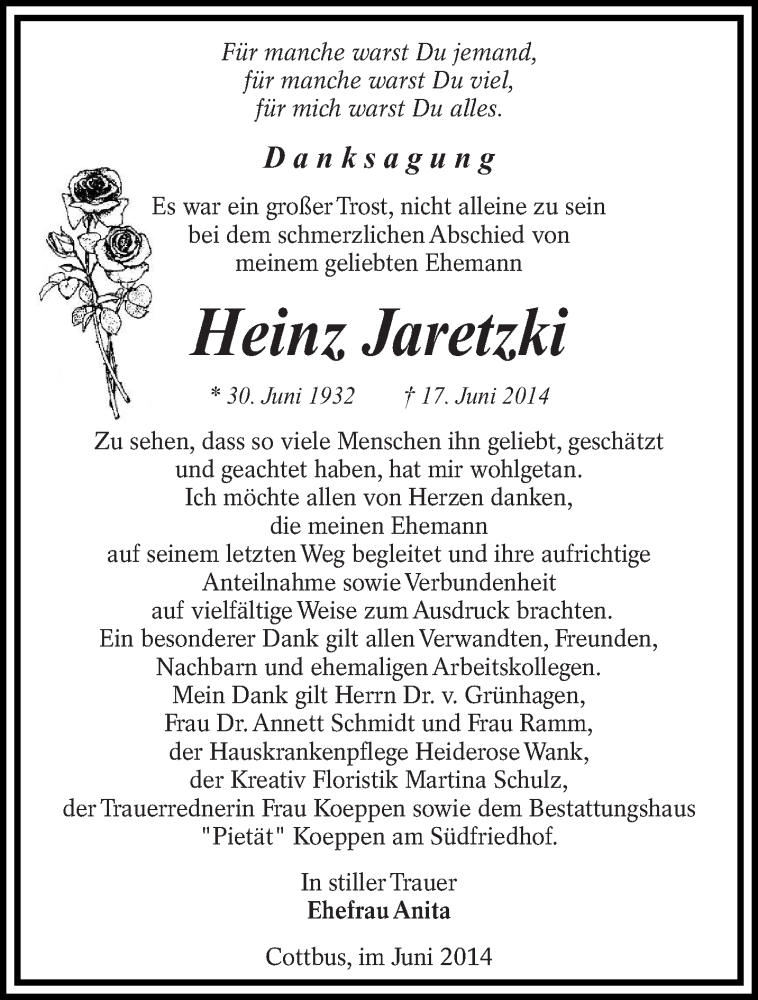  Traueranzeige für Heinz Jaretzki vom 05.07.2014 aus lausitzer_rundschau