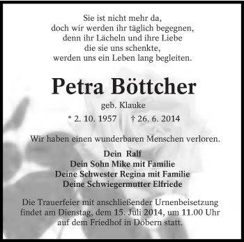 Traueranzeige von Petra Böttcher von lausitzer_rundschau