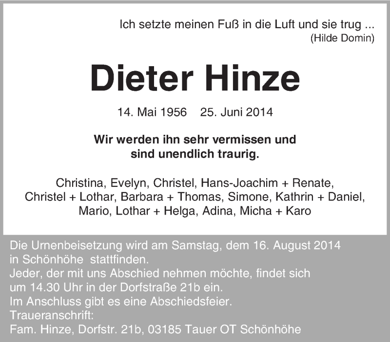  Traueranzeige für Dieter Hinze vom 05.07.2014 aus lausitzer_rundschau