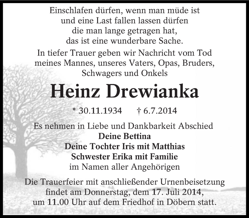  Traueranzeige für Heinz Drewianka vom 13.07.2014 aus lausitzer_rundschau
