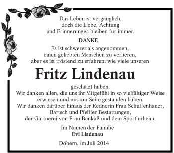 Traueranzeige von Fritz Lindenau von lausitzer_rundschau