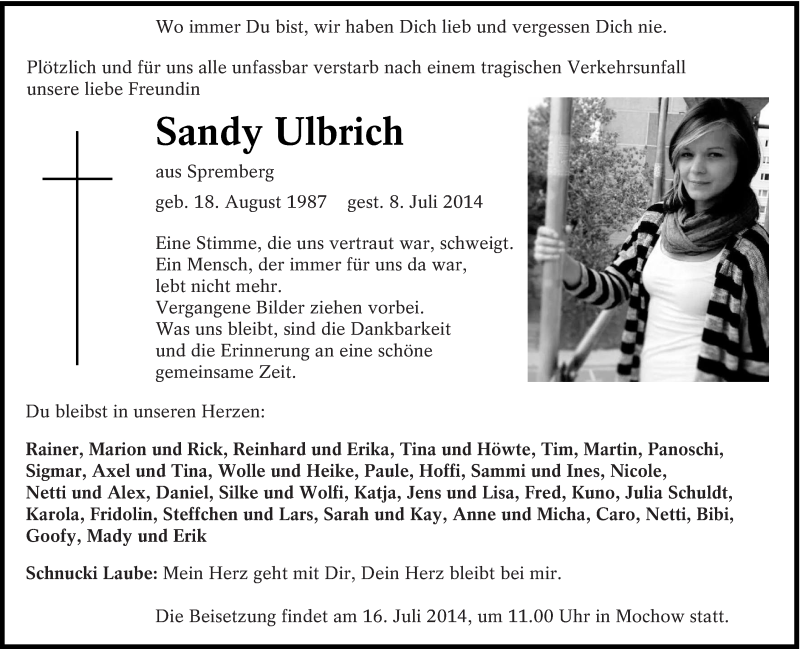  Traueranzeige für Sandy Ulbrich vom 15.07.2014 aus lausitzer_rundschau