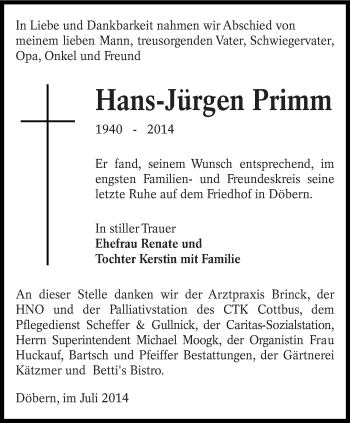 Traueranzeige von Hans-Jürgen Primm von lausitzer_rundschau