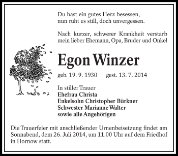 Traueranzeige von Egon Winzer von lausitzer_rundschau