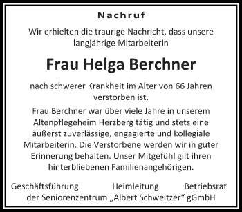 Traueranzeige von Helga Berchner von lausitzer_rundschau