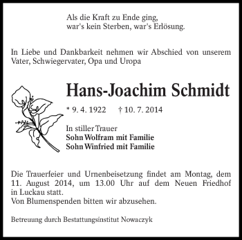 Traueranzeige von Hans-Joachim Schmidt von lausitzer_rundschau