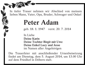 Traueranzeige von Peter Adam von lausitzer_rundschau