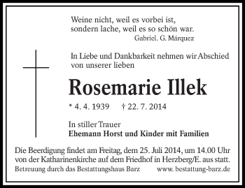 Traueranzeige von Rosemarie Illek von lausitzer_rundschau