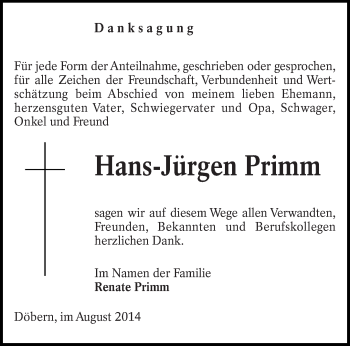Traueranzeige von Hans-Jürgen Primm von lausitzer_rundschau
