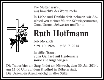 Traueranzeige von Ruth Hoffmann von lausitzer_rundschau