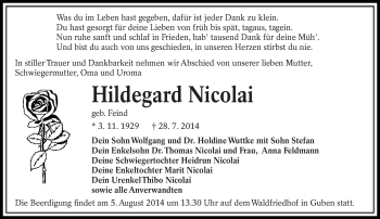 Traueranzeige von Hildegard Nicolai von Lausitzer Rundschau