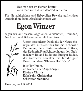 Traueranzeige von Egon Winzer von lausitzer_rundschau