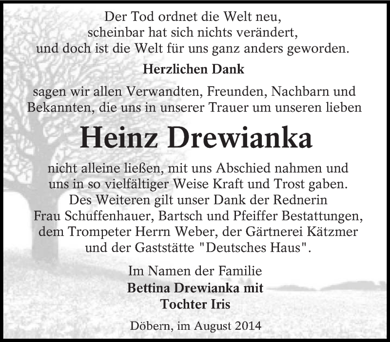  Traueranzeige für Heinz Drewianka vom 03.08.2014 aus lausitzer_rundschau