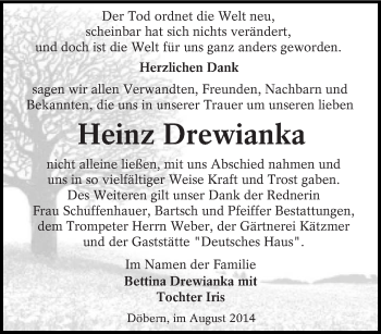 Traueranzeige von Heinz Drewianka von lausitzer_rundschau