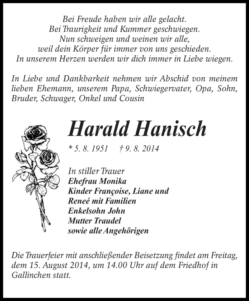  Traueranzeige für Harald Hanisch vom 13.08.2014 aus lausitzer_rundschau