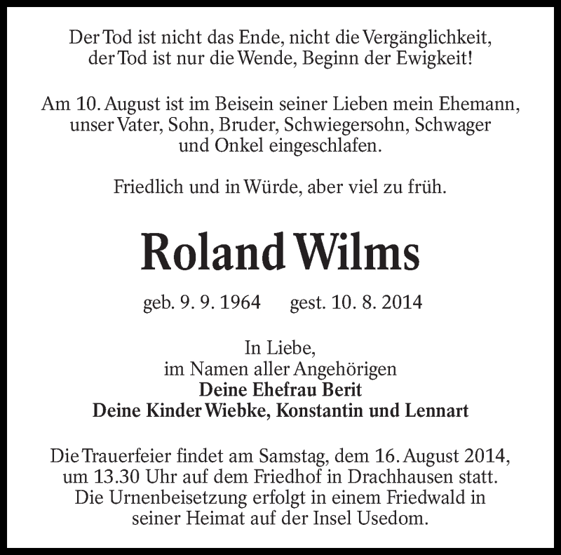  Traueranzeige für Roland Wilms vom 13.08.2014 aus lausitzer_rundschau