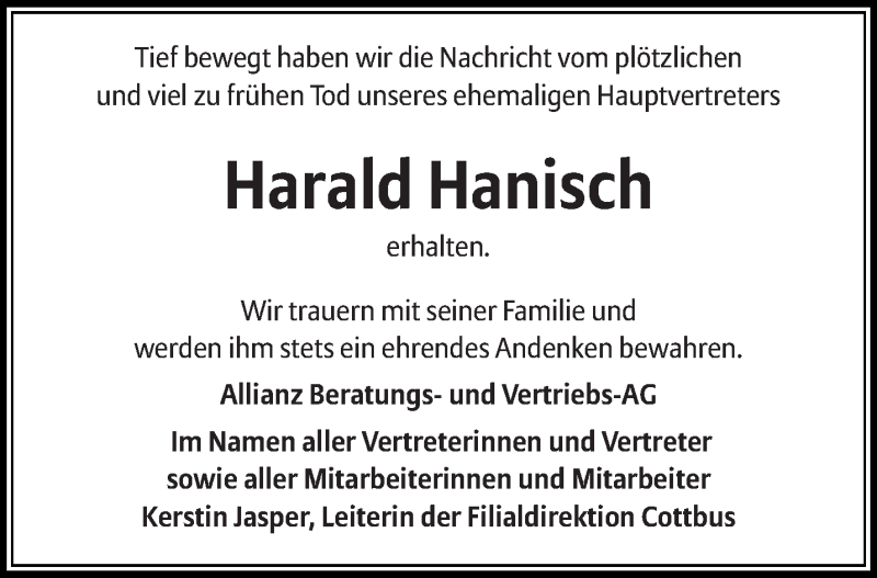  Traueranzeige für Harald Hanisch vom 16.08.2014 aus lausitzer_rundschau