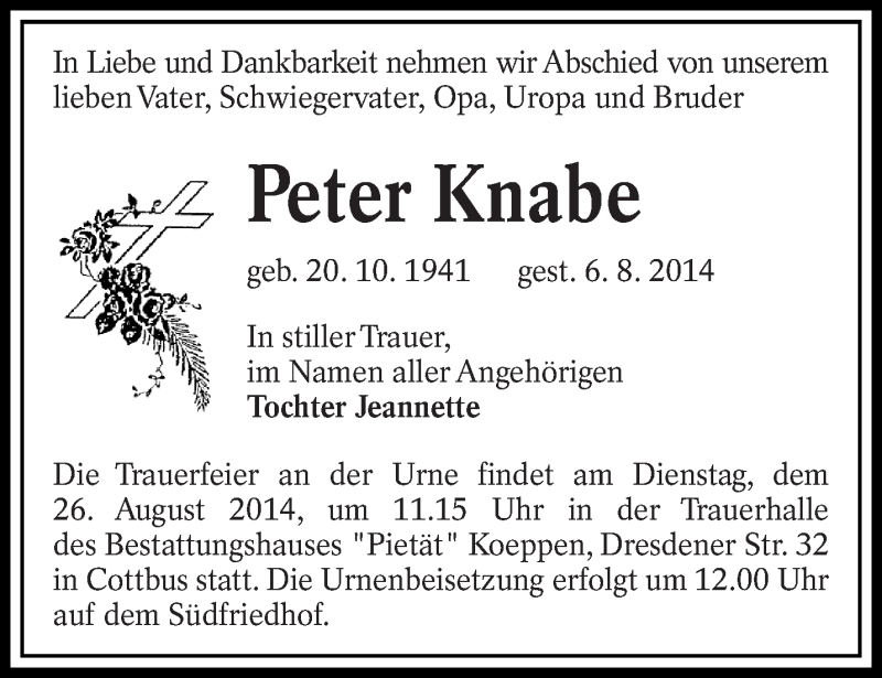  Traueranzeige für Peter Knabe vom 21.08.2014 aus lausitzer_rundschau