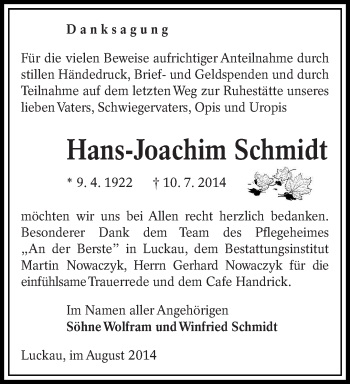 Traueranzeige von Hans-Joachim Schmidt von lausitzer_rundschau