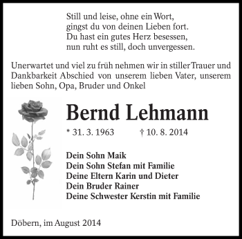 Traueranzeige von Bern Lehmann von lausitzer_rundschau