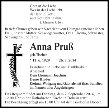 Traueranzeige von Anna Pruß von lausitzer_rundschau