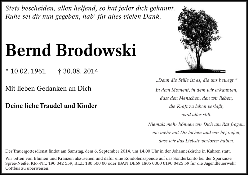  Traueranzeige für Bernd Brodowski vom 03.09.2014 aus lausitzer_rundschau