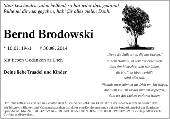 Traueranzeige von Bernd Brodowski von lausitzer_rundschau