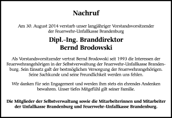 Traueranzeige von Bernd Brodowski von lausitzer_rundschau