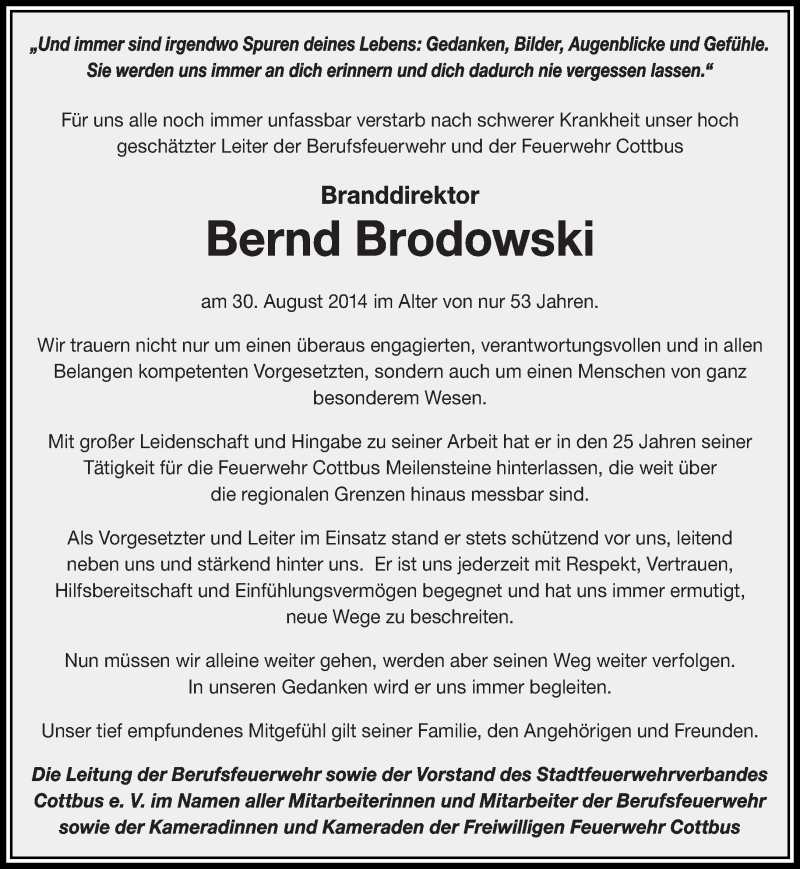  Traueranzeige für Bernd Brodowski vom 04.09.2014 aus lausitzer_rundschau