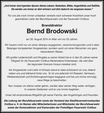 Traueranzeige von Bernd Brodowski von lausitzer_rundschau