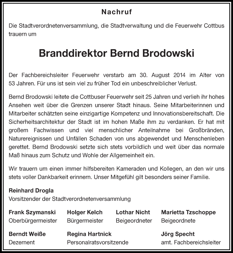  Traueranzeige für Bernd Brodowski vom 04.09.2014 aus lausitzer_rundschau