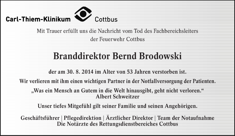  Traueranzeige für Bernd Brodowski vom 05.09.2014 aus lausitzer_rundschau