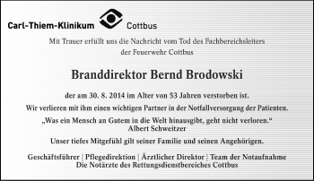 Traueranzeige von Bernd Brodowski von lausitzer_rundschau