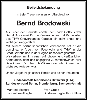 Traueranzeige von Bernd Brodowski von lausitzer_rundschau