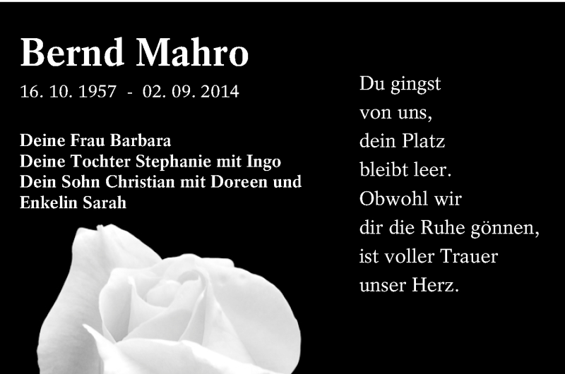  Traueranzeige für Bernd Mahro vom 10.09.2014 aus lausitzer_rundschau