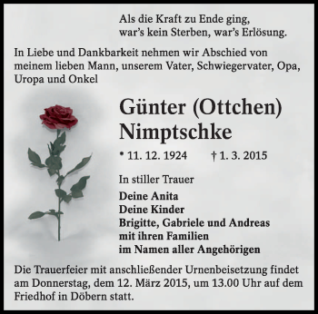 Traueranzeige von Günter Nimptschke von lausitzer_rundschau