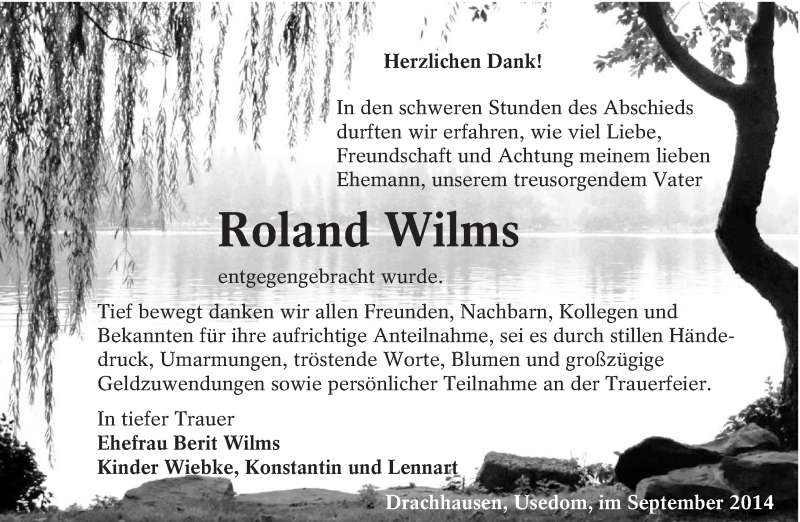  Traueranzeige für Roland Wilms vom 20.09.2014 aus lausitzer_rundschau