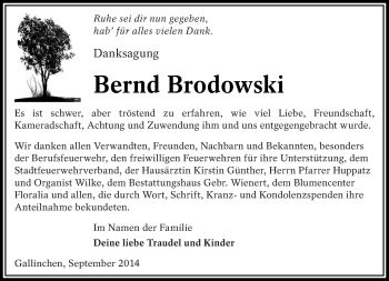 Traueranzeige von Bernd Brodowski von lausitzer_rundschau