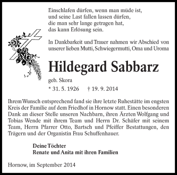 Traueranzeige von Hildegard Sabbarz von lausitzer_rundschau