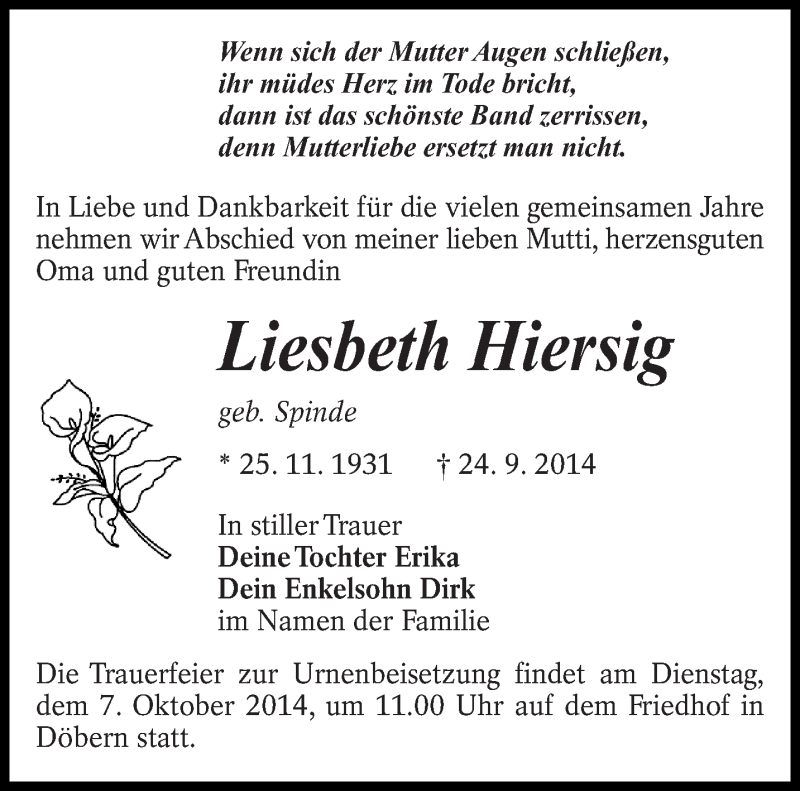  Traueranzeige für Liesbeth Hiersig vom 05.10.2014 aus lausitzer_rundschau