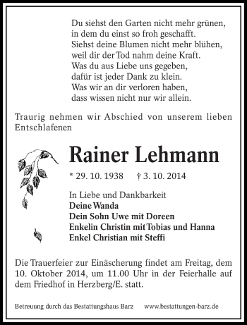 Traueranzeige von Rainer Lehmann von lausitzer_rundschau