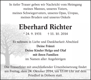 Traueranzeige von Eberhard Richter von lausitzer_rundschau