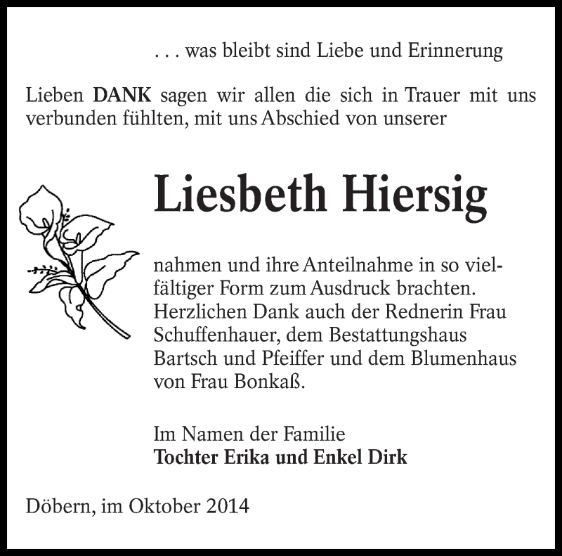  Traueranzeige für Liesbeth Hiersig vom 26.10.2014 aus lausitzer_rundschau
