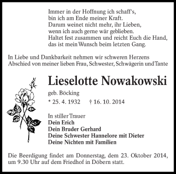 Traueranzeige von Lieselotte Nowakowski von lausitzer_rundschau