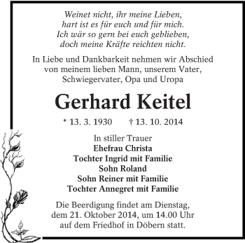 Traueranzeige von Gerhard Keitel von lausitzer_rundschau