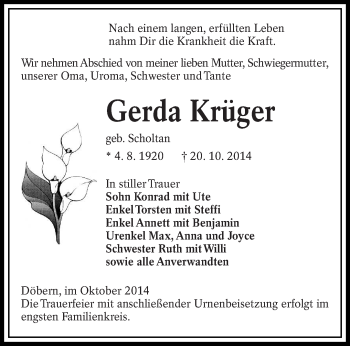 Traueranzeige von Gerda  Krüger von lausitzer_rundschau